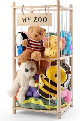 At-lpw40wn Unb Stuffed Animal Storage Zoo Wooden Organizer With Elastic Cords
