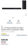 Lg SJ4Y 2.1-CHANNEL Audio Soundbar System With Subwoofer 300W Black. Fixed Price $80.00.